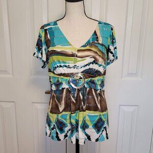 Frank Lyman Design Abstract Print Ring-Detail Top – Size 12 (L)